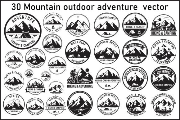 30 Mountain Outdoor Adventure Badge Set: Graphics & Illustrations