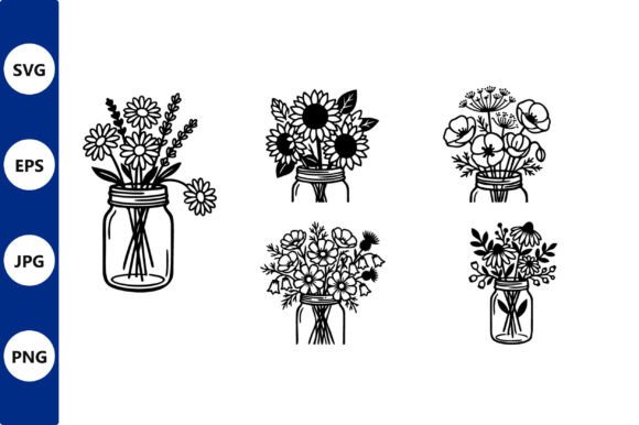 Bouquets in Jars Line Art Vector: Graphics & Illustrations