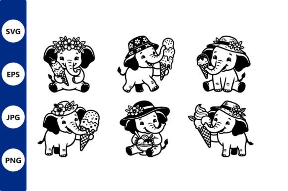 Elephant Ice Cream Line Art Set: Graphics & Illustrations