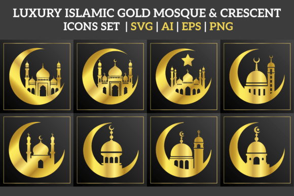Islamic Mosque Crescent Gold Icons Set: Graphics & Illustrations