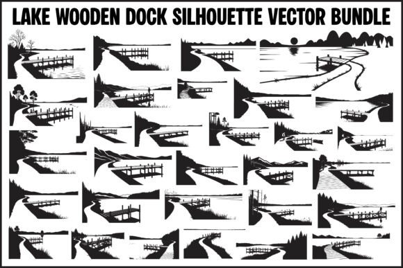 Lake Wooden Dock Silhouette Vector Bundle: Graphics & Illustrations