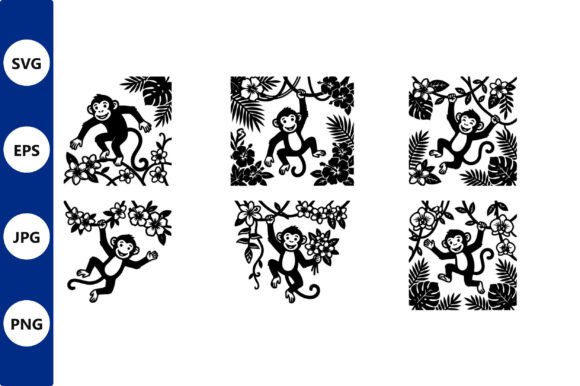 Monkey Silhouettes Jungle Vector Art Set: Graphics & Illustrations