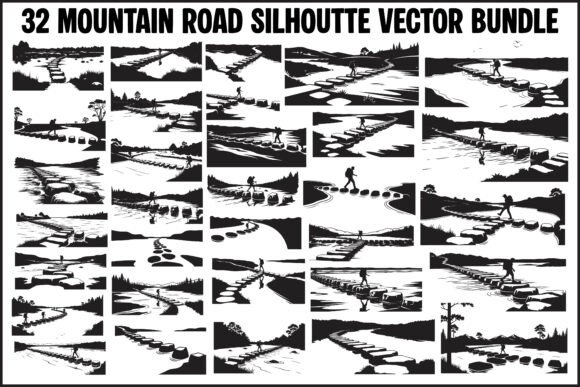 Mountain Road Silhouette Vector Bundle: Graphics & Illustrations