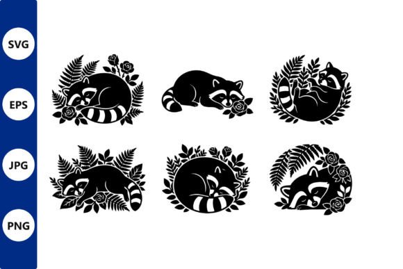 Sleeping Raccoon Florals Vector: Graphics & Illustrations