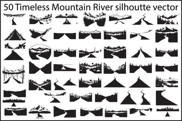Timeless Mountain River Silhouette Vecto: Graphics & Illustrations